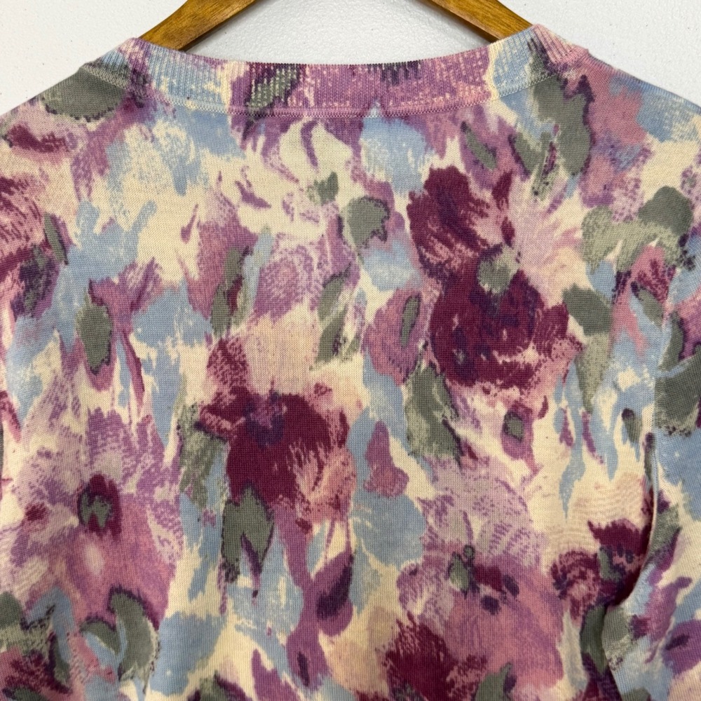 Talbots Cardigan Sweater XL Purple 100% Merino Wool Floral Button Up Lightweight - Picture 9 of 11